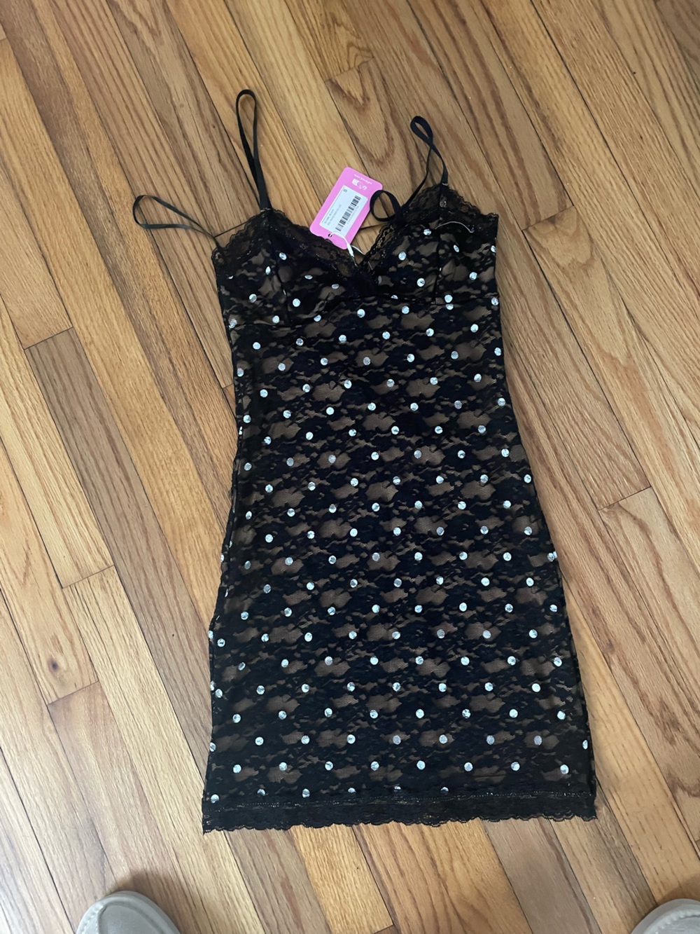 Edikted Black Lace Slip with Silver Sequin Accents